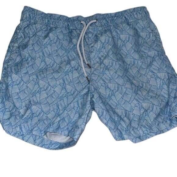Mens Blue Swim Trunks With Drawstring Waist & Leaf Pattern - Picture 1 of 6